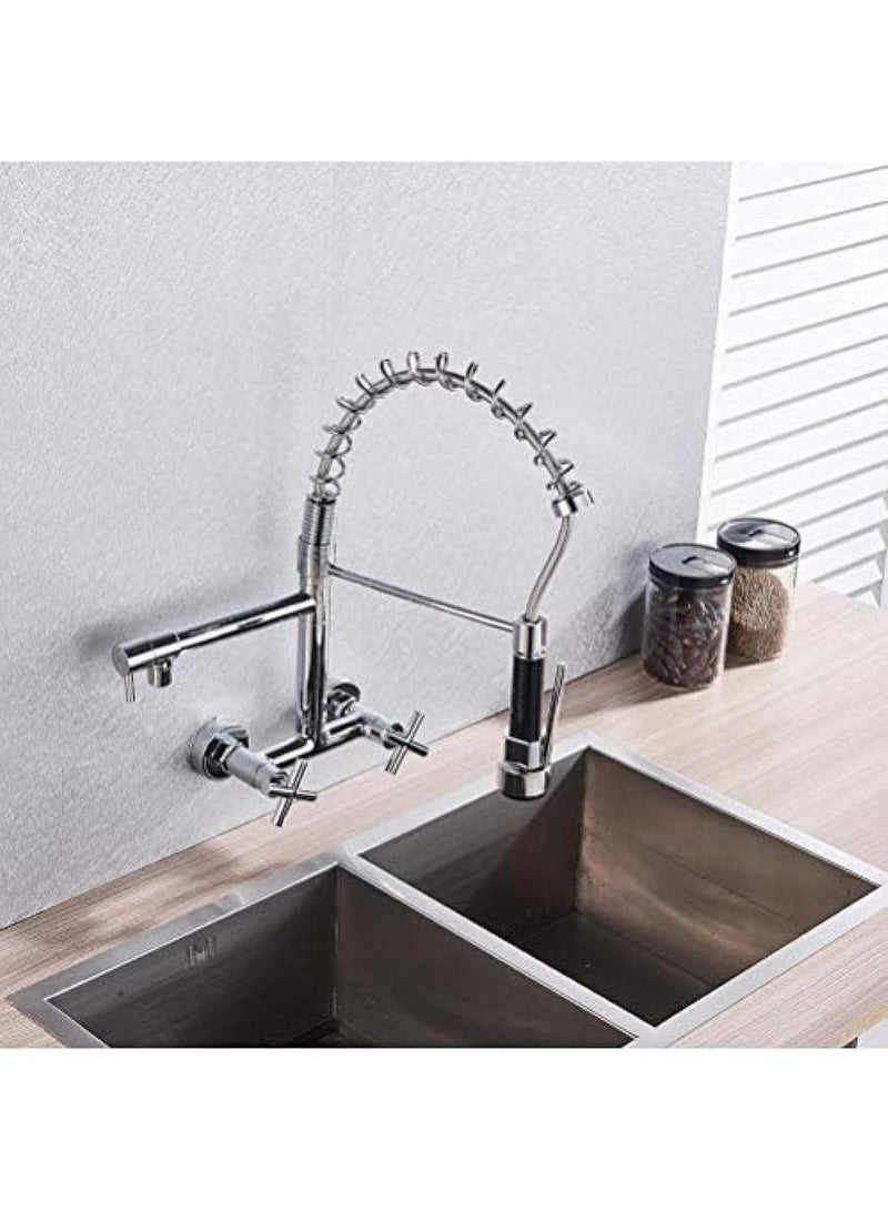 ALMIFTAH Wall Mount Spring Kitchen Faucet, Pull Down Kitchen Sink Mixer Tap with Dual Handle, Hot & Cold Water, Two Swivel Spout Basin Tap for Kitchen Sink - Image 5